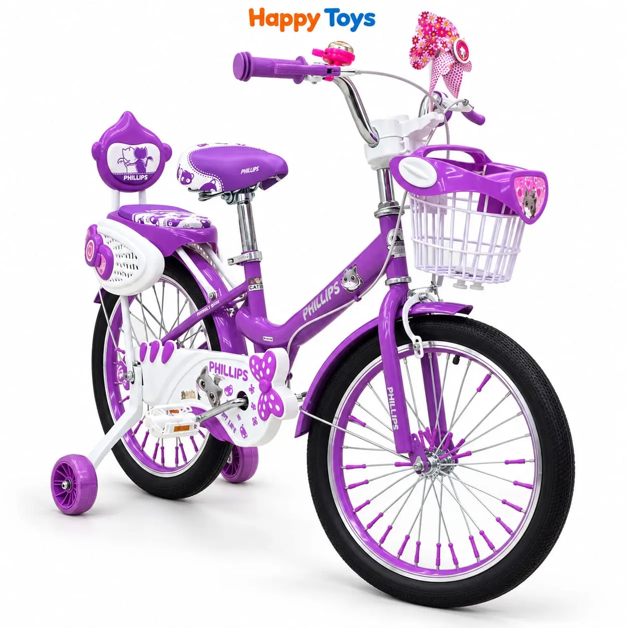Philips Original Premium Kids Bicycle with Basket Back Seat and Safety Wheels Caption: Philips Original Premium Kids Bicycle â Pink & Purple | Happy Toys